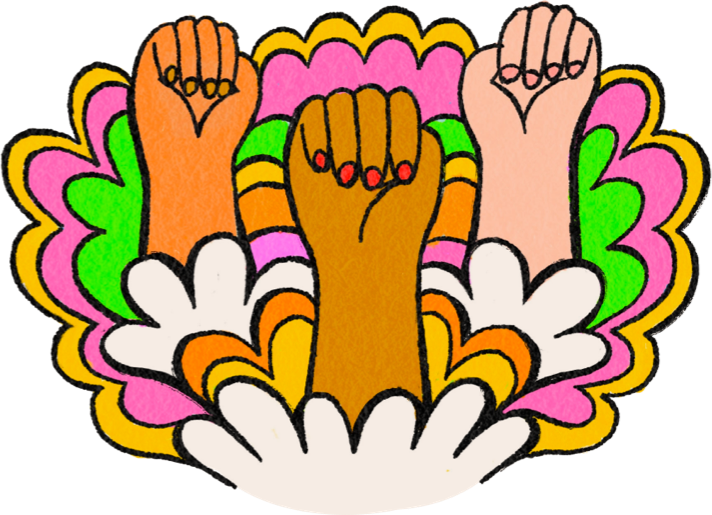 Three Fists raised in the air in front of a colorful background
